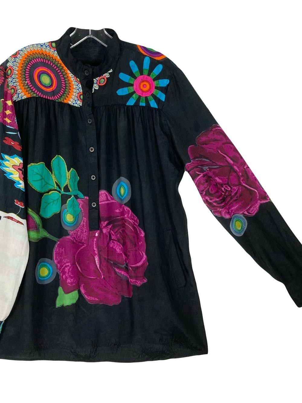 DESIGUAL Top Tunic XL~L Floral Geisha Asian Oriental Pocket Long-Sleeve